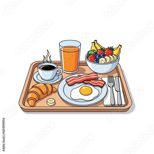 Breakfast tray with coffee, juice, croissant, bacon and egg, and fruit bowl illustration style