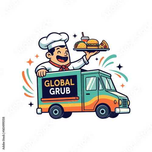 Cartoon chef in global grub food truck holding tray with taco burger pizza and drink illustration