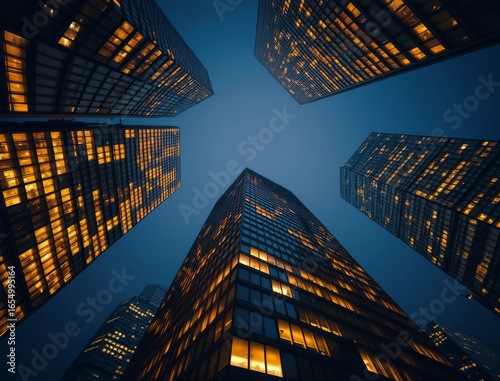 Looking up at illuminated skyscrapers at night