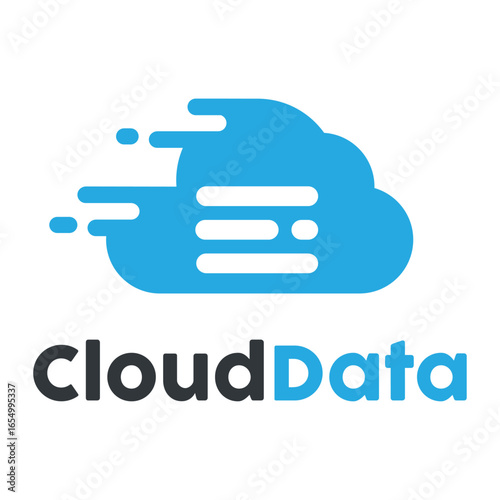 Cloud data storage icon featuring a blue cloud with data lines and fast motion effect
