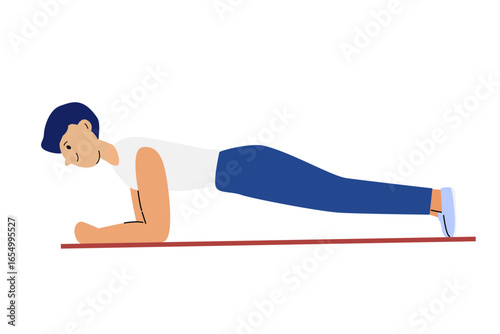 Young male exercising in plank pose on mat for fitness and core strength.