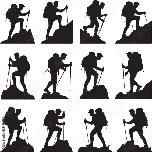 Twelve Silhouette Images of Hikers with Backpacks and Trekking Poles on White Background hiking