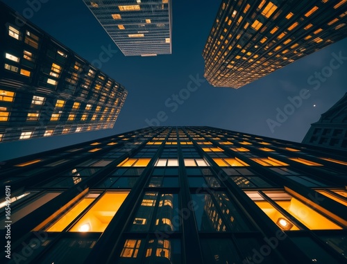 Worm s eye view of city skyscrapers at night with glowing windows