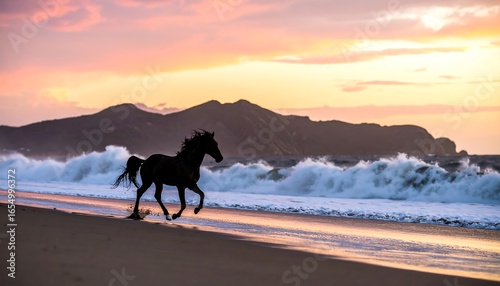 A majestic black horse gallops along a sandy beach at sunset, against a backdrop of crashing waves and a mountain range.