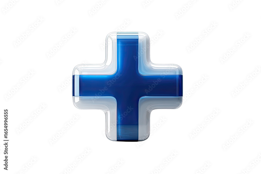 Fototapeta premium A 3D rendered plus sign, vibrant blue with transparent white edges