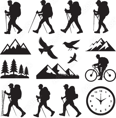 Silhouette collection of hikers cyclists birds mountains trees and a clock vector illustration