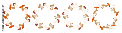 A collection of various mushrooms arranged in a circular pattern. The mushrooms display different colors and shapes, showcasing their natural diversity