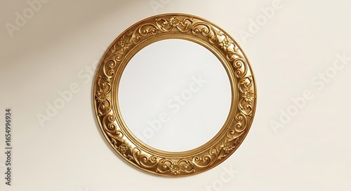 Elegant ornate gold mirror hangs on a neutral wall creating a luxurious focal point for any room.