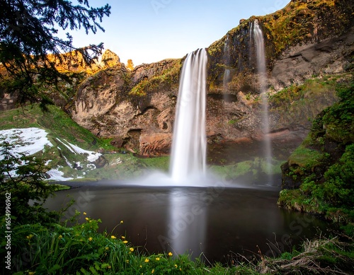 Stunning waterfall cascading into a dark pool, surrounded by lush greenery and mountains