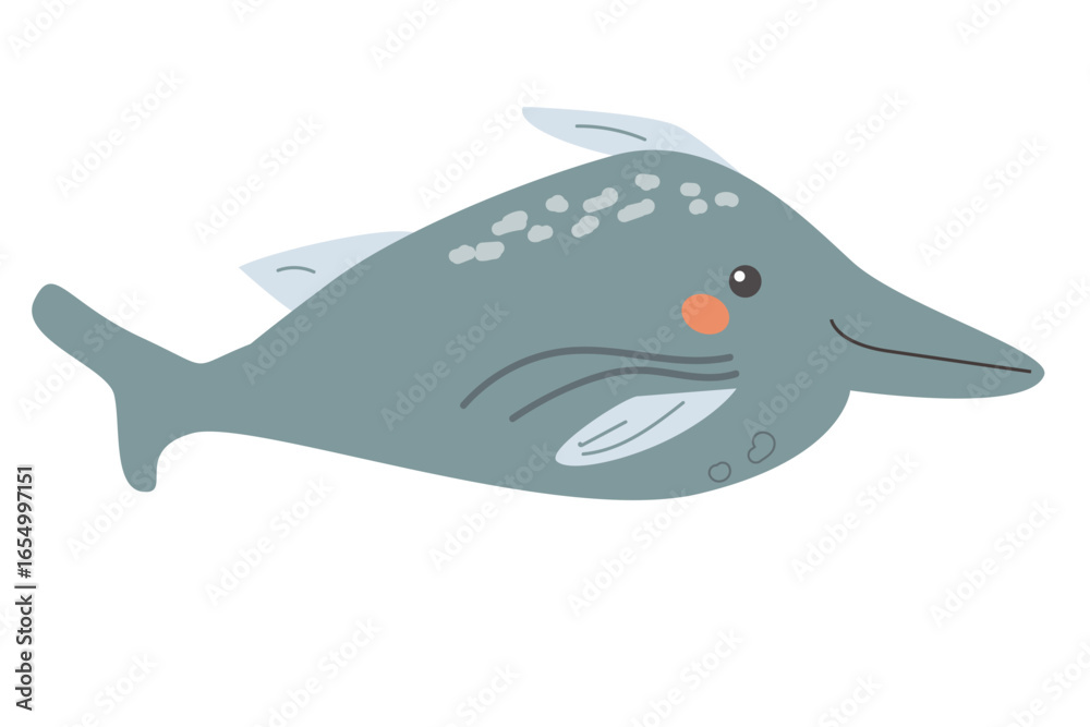 Fototapeta premium Cute cartoon whale with patterns and cheeks in side view illustration.