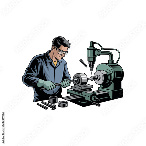 Man operating a lathe machine in a workshop with safety goggles worker mechanic