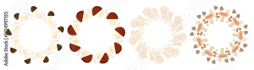 A collection of various mushrooms arranged in a circular pattern. The mushrooms display different colors and shapes, showcasing their natural diversity