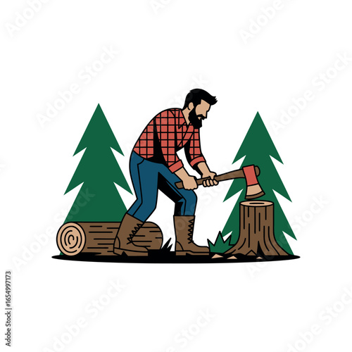 Bearded lumberjack in red plaid shirt chopping wood with axe near pine trees woodcutter