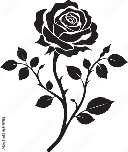 Elegant Silhouette: A captivating silhouette of a rose gracefully unfurls, its petals and foliage intricately rendered to embody sophistication and everlasting beauty. 