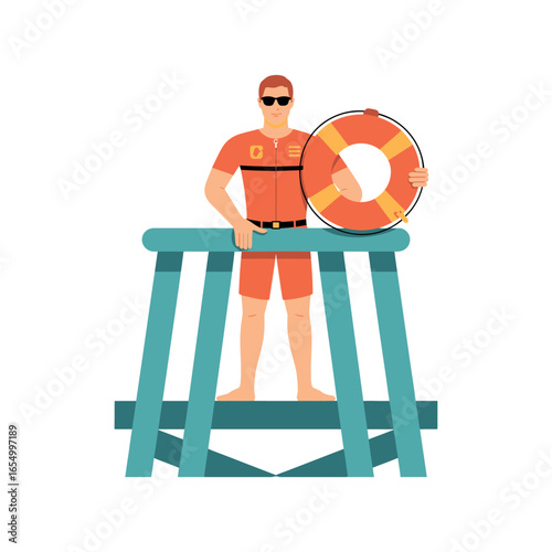 Lifeguard in orange uniform holding life preserver on teal chair male shorts