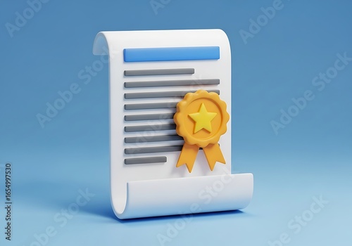 3D certificate icon with golden star against blue background