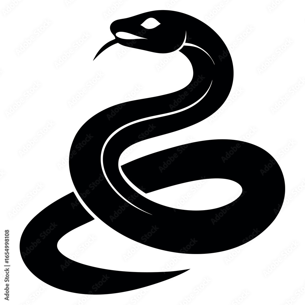 Obraz premium Coiled Snake Silhouette with Forked Tongue, a Reptilian Vector Illustration in Striking Black and White