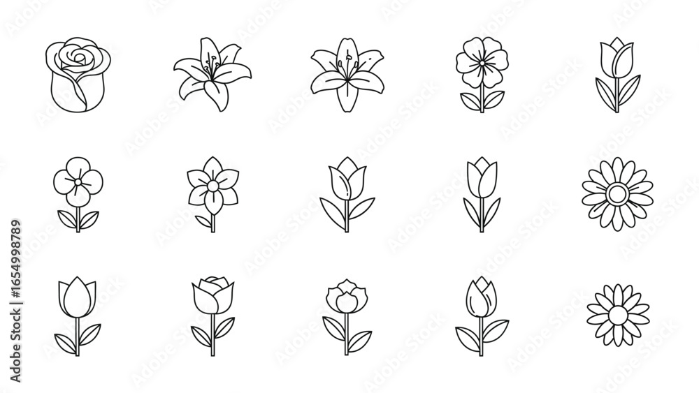 Fototapeta premium Flower icons: A collection of delicate floral illustrations, each artfully crafted with minimalist elegance, ready to add a touch of natural beauty to any design or project.