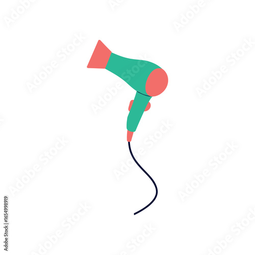 Teal and coral pink hair dryer with dark blue cord on white hairdryer beauty