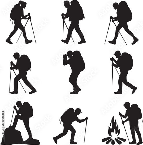 Silhouettes of hikers with backpacks trekking and one near a campfire on white background hiking