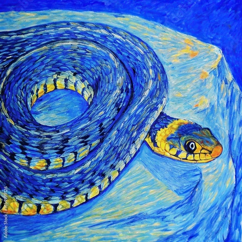 a painting of a snake in the middle of a blue sky
