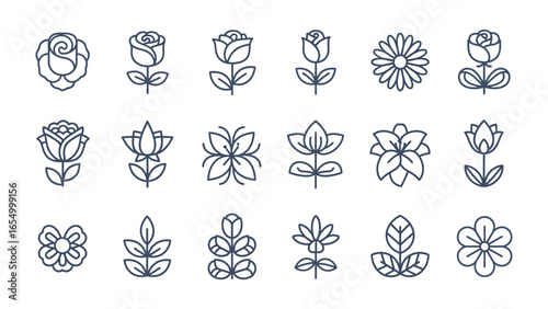 Floral Icons: A collection of elegant line art floral icons showcases the beauty and diversity of botanical elements. The array of simplistic flowers and their leaves.