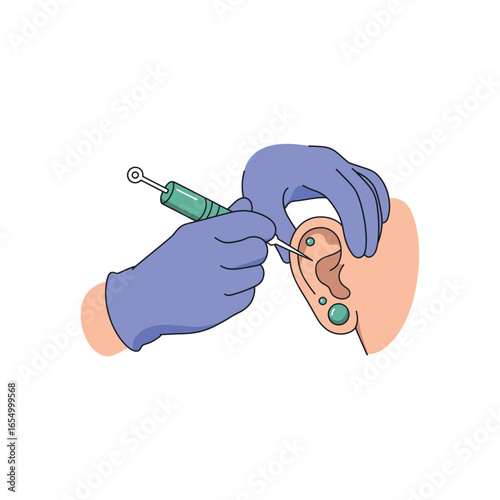 Person getting ear piercing with turquoise jewelry and piercing tool vector