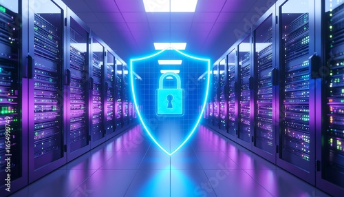 Data Center Security: Shield and Padlock Illustration.