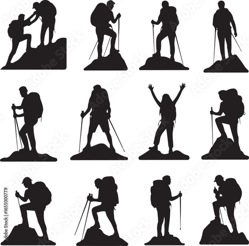 Collection of silhouette hikers on mountain peaks and celebrating success hiking trekker