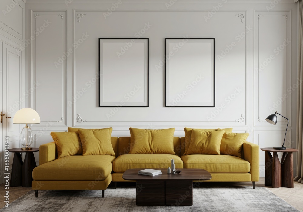 Fototapeta premium Elegant living room with a vibrant mustard yellow sofa and two empty picture frames