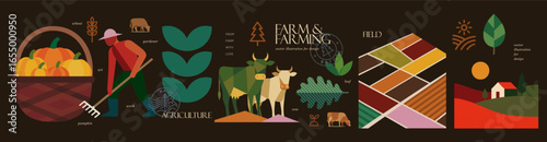 Farm and farming. Modern abstract vector illustration with pumpkins, cow, fields, gardener, village landscape and farmer for agriculture, eco products, organic market, harvest rural design 