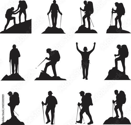 Silhouette hikers climbing mountains and standing on peaks Keywords: hiker, silhouette, trekking