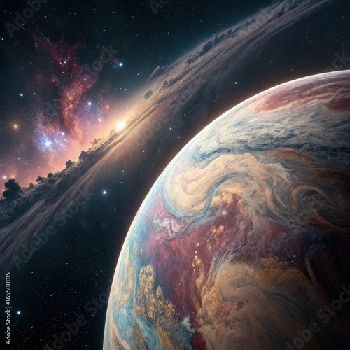 a planet with a nebula in the background