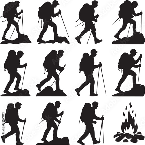 Silhouette hikers with backpacks and trekking poles and campfire Keywords: hiker, silhouette