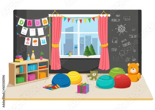 a room with toys and a window