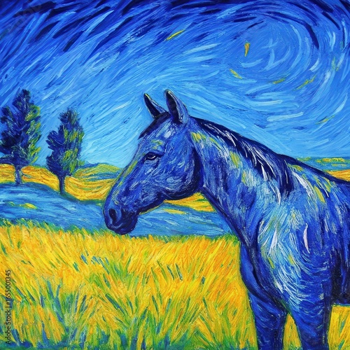 a painting of a horse in a field
