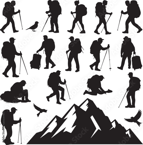 Silhouette collection of hikers with backpacks trekking poles birds and mountains Keywords: hiker