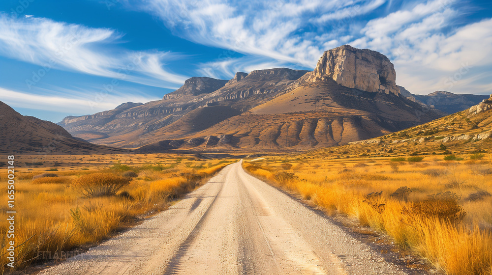 Fototapeta premium Guadalupe Mountains National Park landscape near El Captain Viewpoint on Route 62 in Salt Flat, Dell City, Texas, USA, panoramic retro-style autumn road scenery with golden grasses 