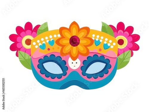 a colorful mask with flowers and leaves