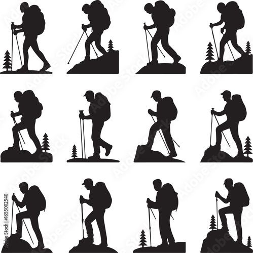 Silhouette hikers with backpacks and trekking poles on white background Keywords: hiking, trekker
