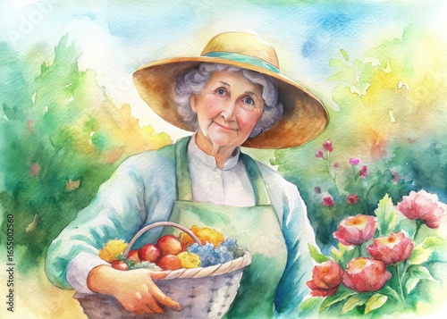 an old woman with a basket of fruit