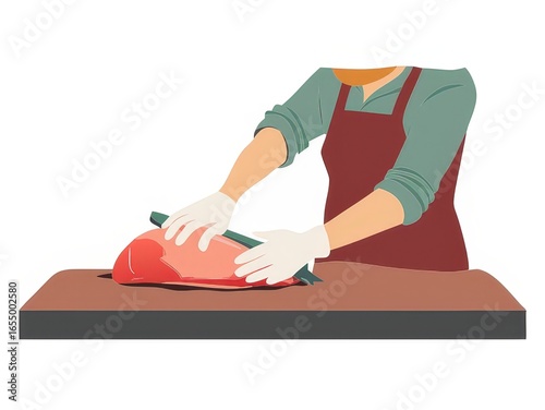 a person cutting meat on a cutting board