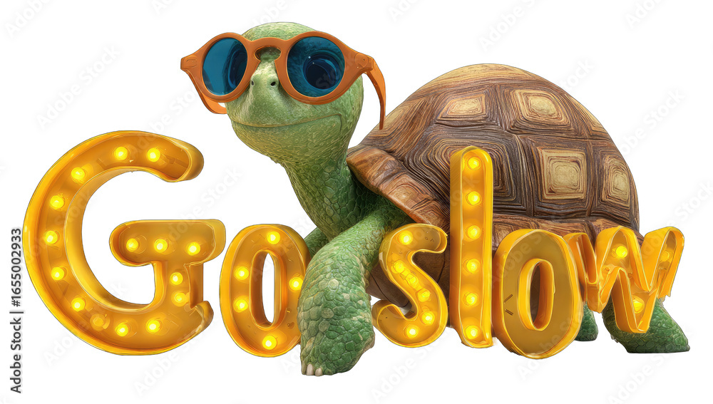 Obraz premium Cartoon turtle with sunglasses, illuminated text