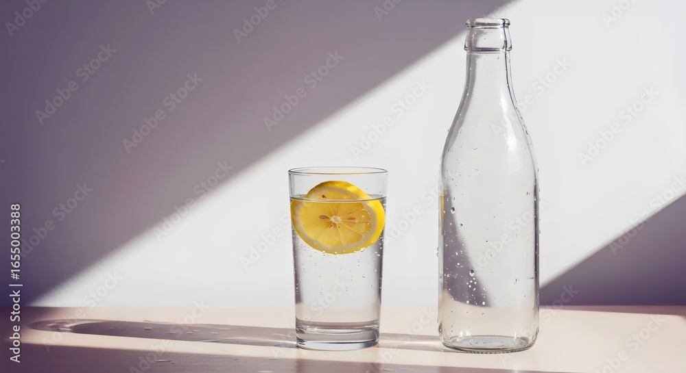 Obraz premium Vitamin C Power: Lemon-Infused Water Bottle on Dining Table for Immune Health and Hydration Boost