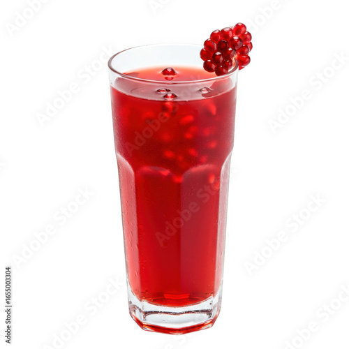 Refreshing red berry drink in a tall glass garnished with fresh berries isolated on transparent background