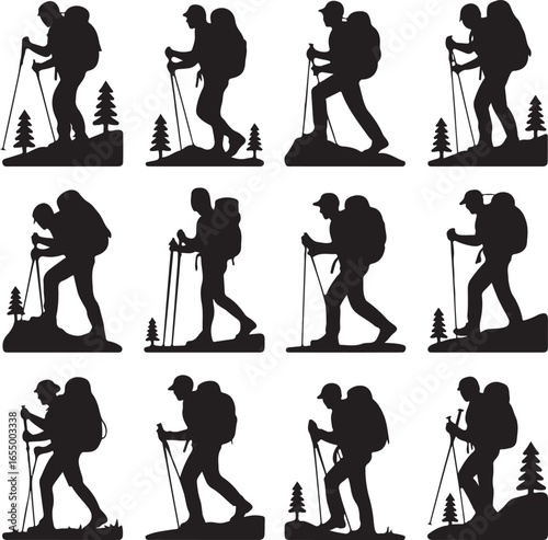 Twelve black silhouettes of hikers with backpacks and trekking poles on white background hiking