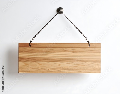 Simple wooden sign hanging on chains