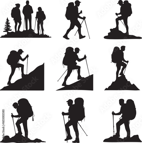 Collection of black silhouettes of hikers with backpacks and trekking poles on white background hiking