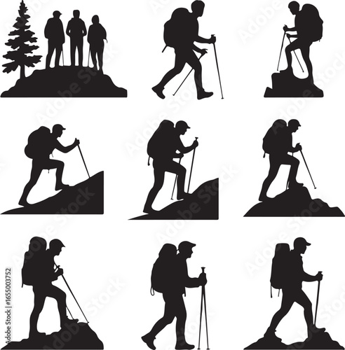 Silhouette collection of hikers with backpacks and trekking poles on white background hiking mountain