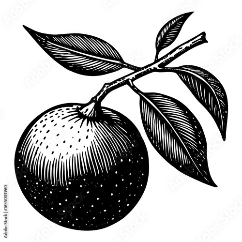 Vintage Citrus Illustration: This vintage illustration showcases a detailed drawing of a singular citrus fruit on a leafy branch, evoking a sense of classic artistry and natural simplicity.